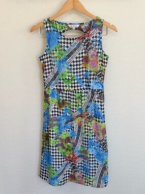 Latin Quarters Multicolor Geometric Checkerboard Floral Print Keyhole Dress S